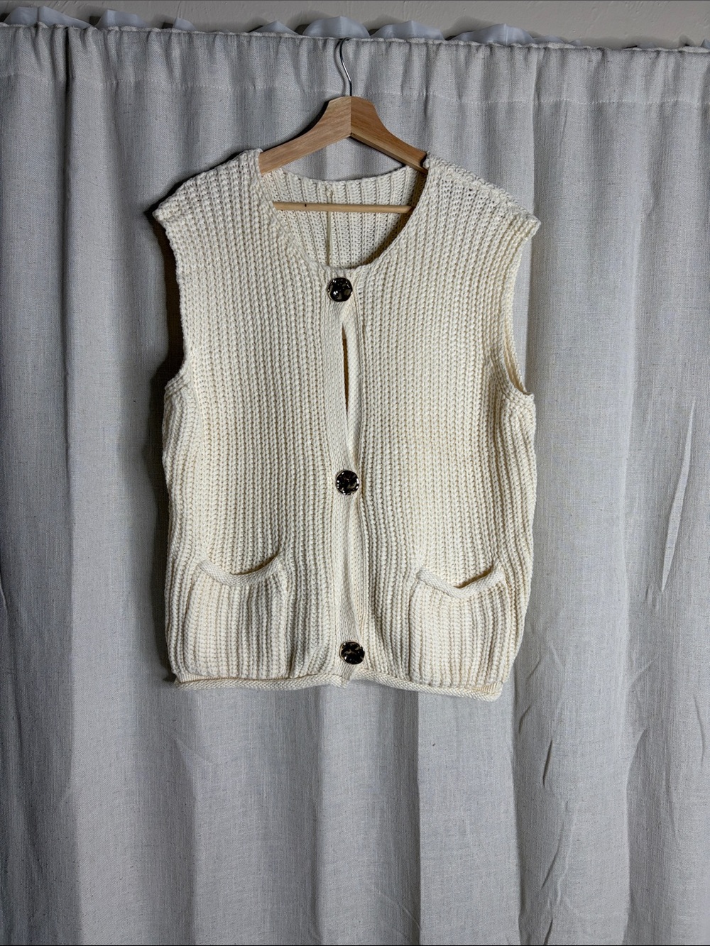 Sleeveless Chunky Knit Cardigan Vest in Cream - Picture 1 of 3